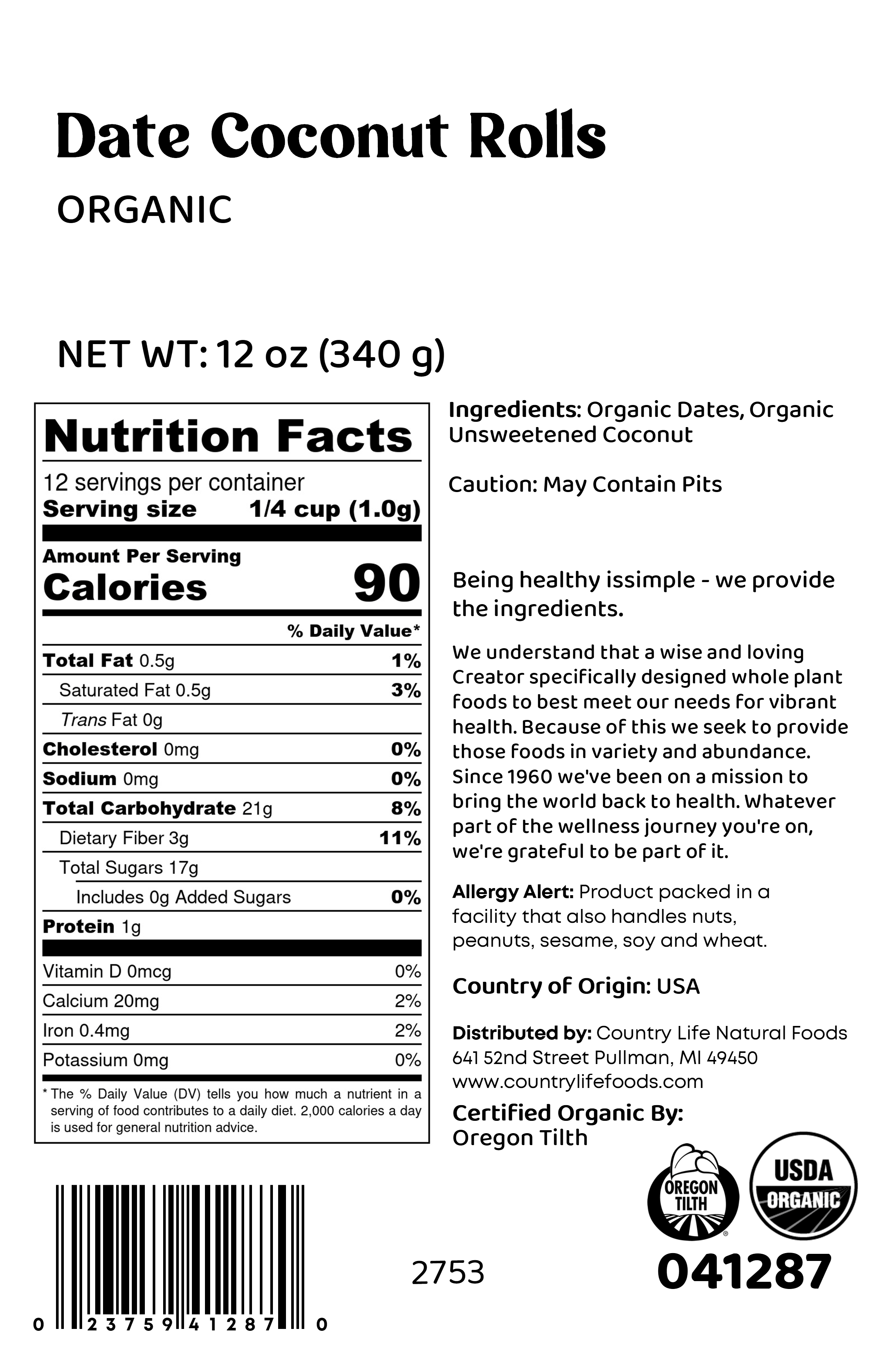 Date Coconut Roll, Organic, Dried Fruit - Country Life Natural Foods