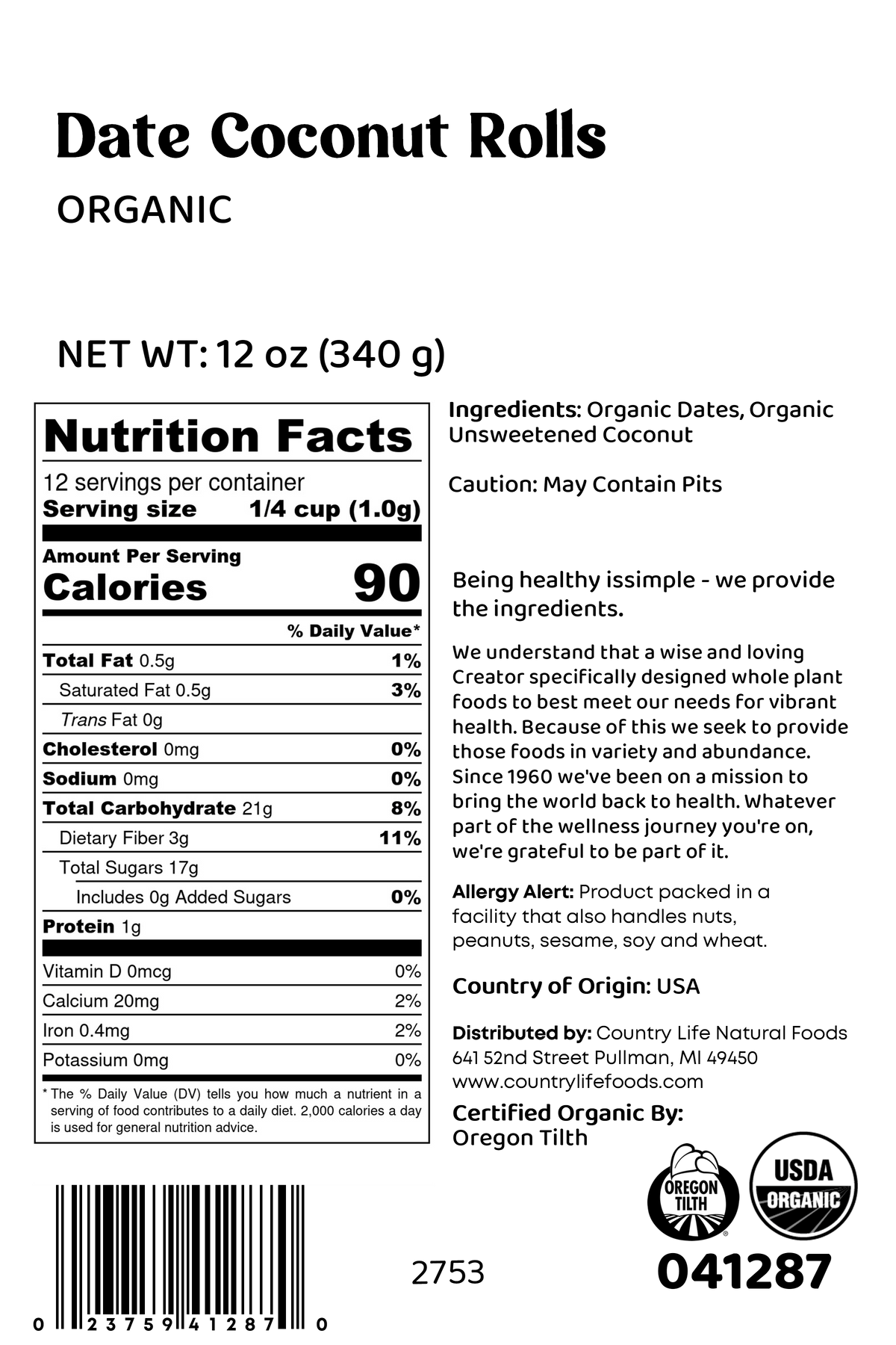 Date Coconut Roll, Organic, Dried Fruit - Country Life Natural Foods
