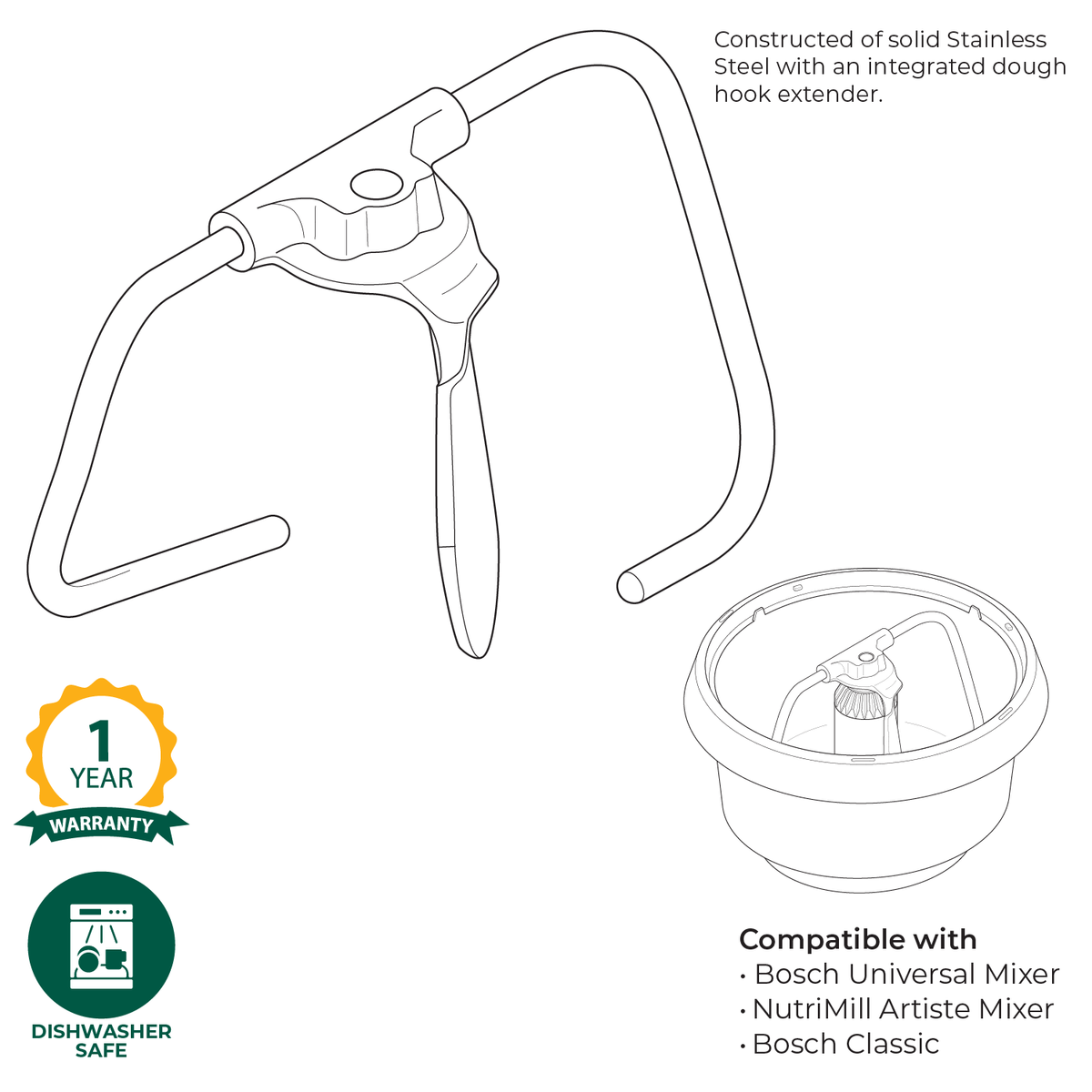 Stainless Steel Dough Hook, Kitchen Mixer Attachment - Country Life Natural Foods