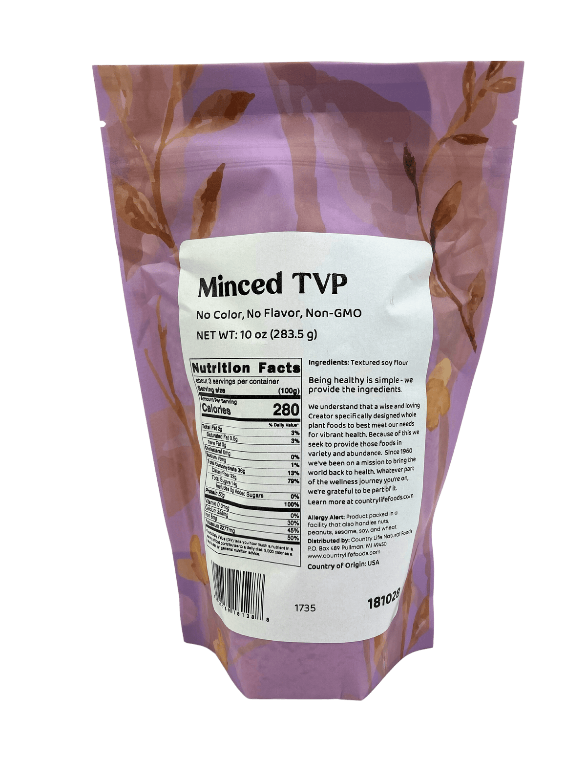 TVP Minced 1/4", No Added Color or Flavor, Non-GMO, Meat Substitutes - Country Life Natural Foods