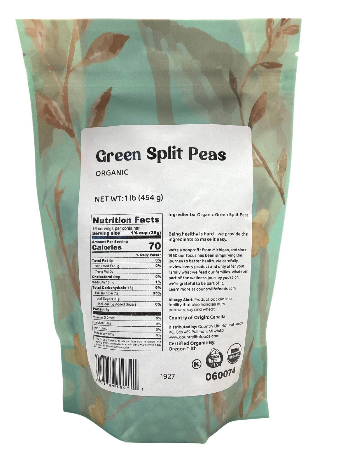 Peas, Green, Organic, Split, Beans - Country Life Natural Foods