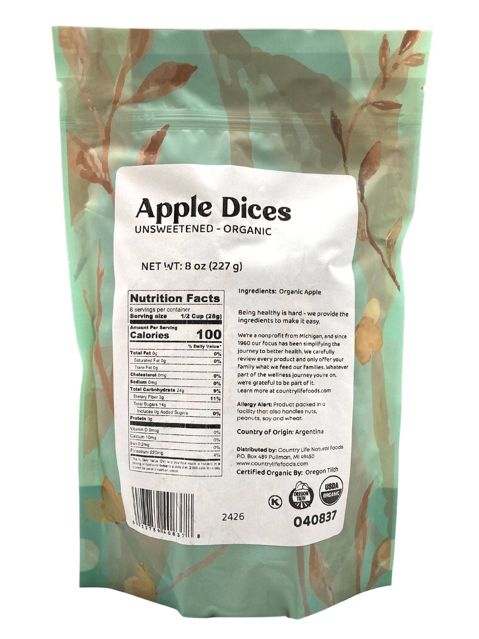 Apple Dices, Natural, Organic, Dried Fruit - Country Life Natural Foods