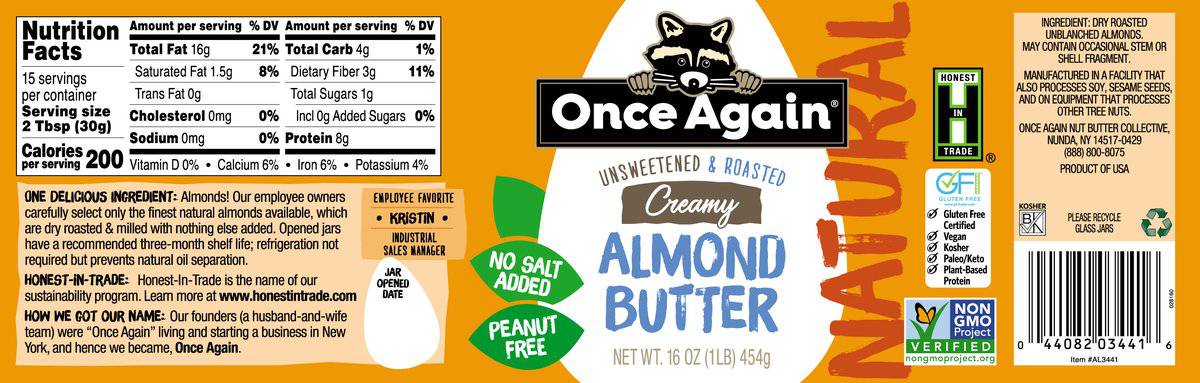 Almond Butter, Creamy, No Salt, Nut & Seed Butters - Country Life Natural Foods