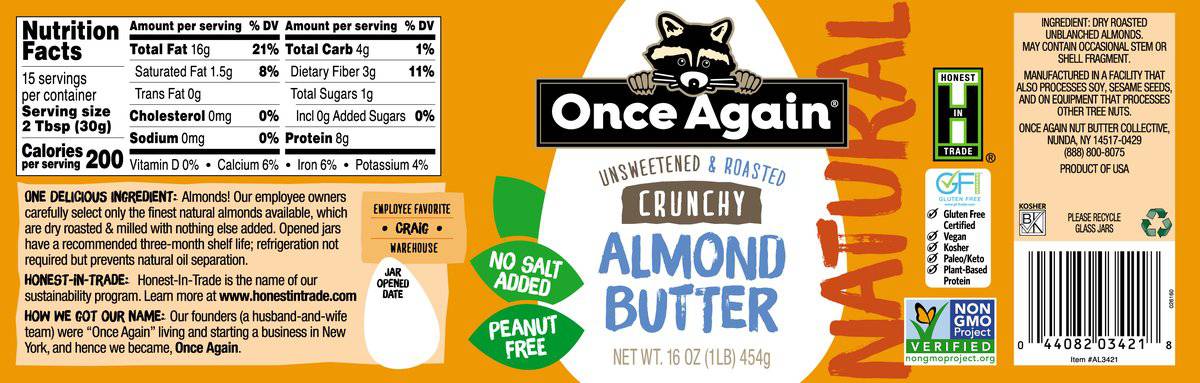 Almond Butter, Crunchy, No Salt, Nut & Seed Butters - Country Life Natural Foods